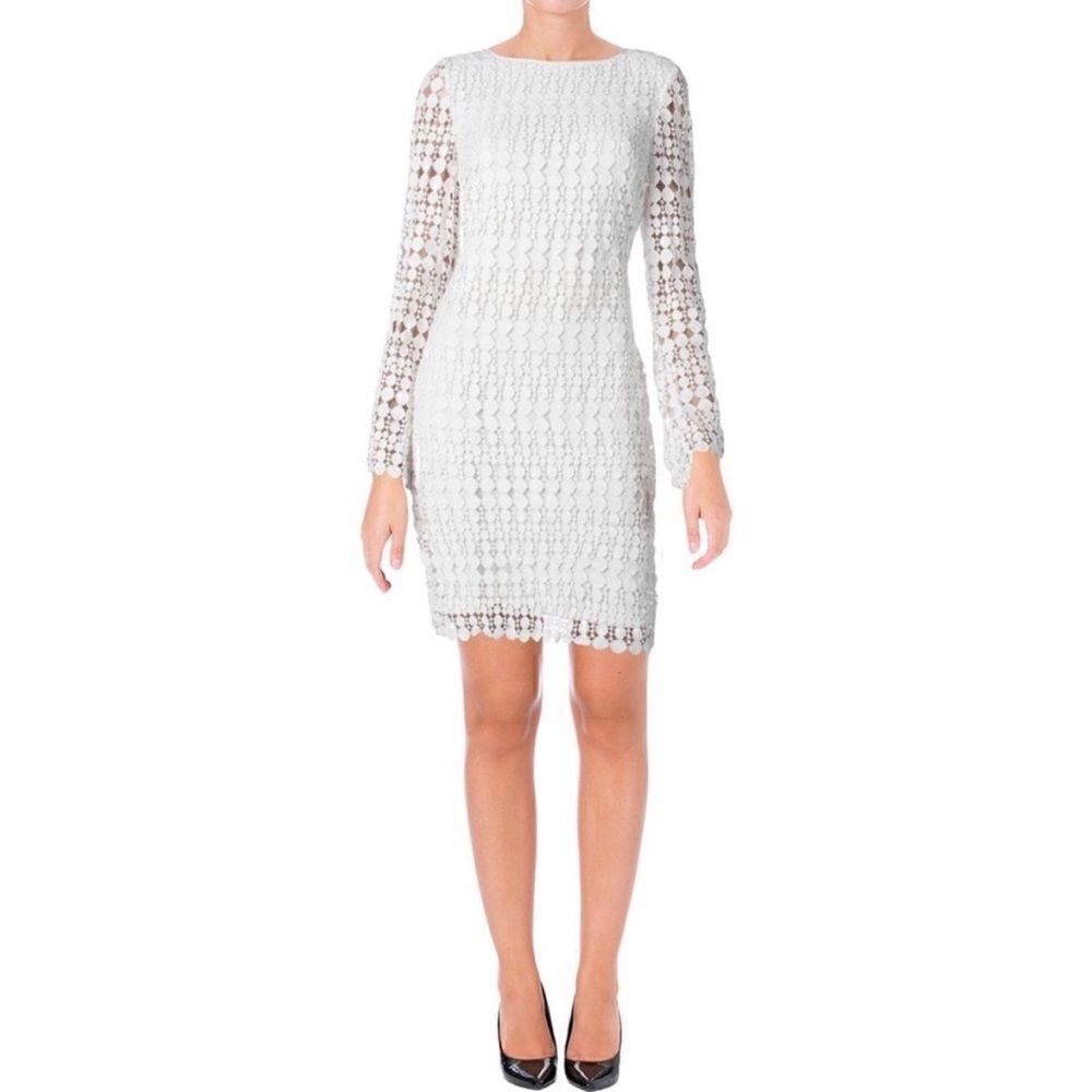 Ralph Lauren White Geometric Lace Overlay Long Sleeve Shift Cocktail Dress